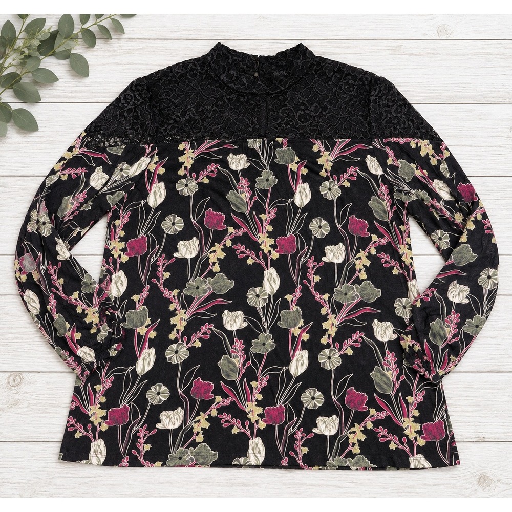 Style & Co Woman Floral Lace Yoke Blouse Mock Neck Long Sleeve Boho Chic 3X